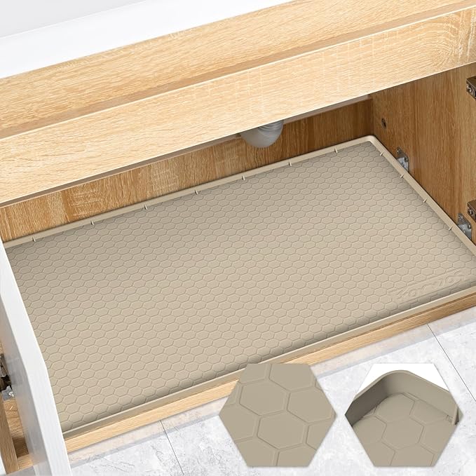 Waterproof Under Sink Mat 31" x 22", Silicone Cabinet Liner, Rubber Protector for Kitchen and Bathroom, Keeps Cabinets Clean, Dry, and Organized (Khaki)
