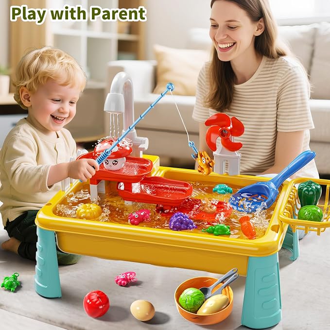 Kids Water Table Play Toy for Toddlers 4-8 Years Old | Kitchen Sink with Electrical Pump and Flowing Water, Fishing Games, Outside Sensory Gift Toys for Boys and Girls 3 4 5 6 7 8