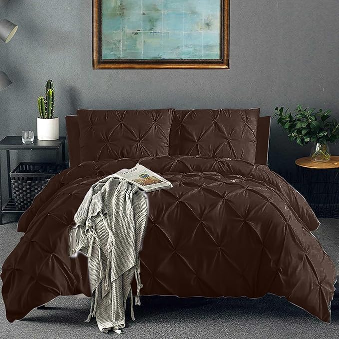 Pinch Pleated Duvet Cover Set 100% Cotton 3PC King Size 94x104 Duvet Cover Set, Decorative Pinch Design Brown Duvet Cover with Matching Pillow Case