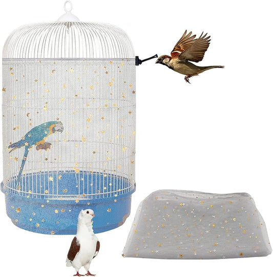 Bird Cage Seed Catcher, 45-90'' Adjustable Cover, Universal Nylon Mesh Net, Skirt Guard Accessories for Parrot Parakeet Macaw Round Square Cage (Gray)