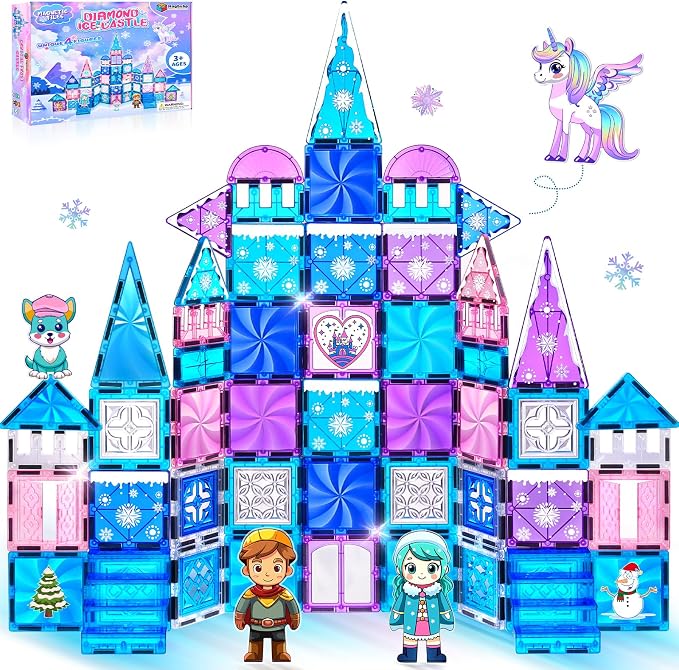 Princess Castle Magnetic Tiles 112PCS with 4 Dolls 2 Stairs & Magnetic Art Decors Kit, Diamond Blocks Magnet Tiles for Kids 3-5 4-8-12, Magnet STEM Princess Toys for 3 4 5 6 7 8+ Girls Kids Xmas Gifts