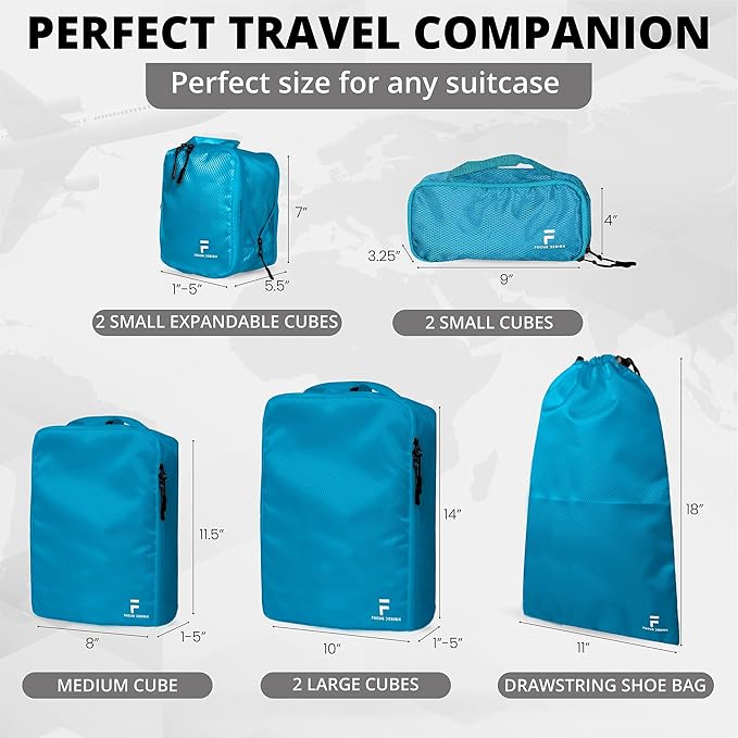 8 Piece Compression Packing Cubes Set - Double Capacity Design for Travel - Small, Medium & Large Sizes - Carry-On Suitcase Organizer Bags (Turquoise)