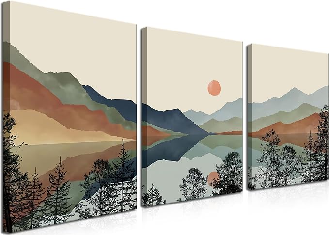 AKWISH Framed Mountain Canvas Wall Art Set of 3, Boho Watercolor Poster Prints