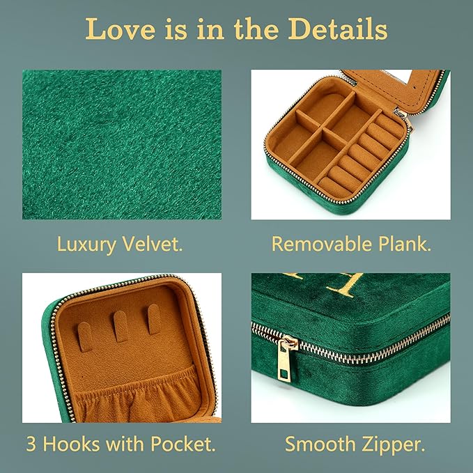 Parima Retirement Gifts for Women - Retirement Gifts for Women 2026, Happy Retirement Party Gifts, Plush Velvet Emerald-Green Travel Jewelry Case Jewelry Box - Letter R, Green