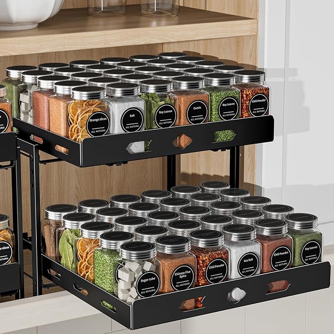 BOIVSHI Spice Organization for Cabinet, 2-Tier Cabinet Spice Rack, Height Adjustable Vertical Spice Rack Pull Out for Kitchen, Cabinet, Pantry (14.1''Wx10.8''Dx9.2''H, Metal Black)