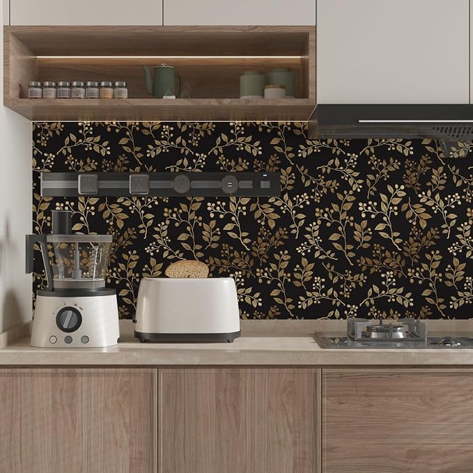 Dark Floral Peel and Stick Wallpaper, Vintage Gold Leaf Self-Adhesive Contact