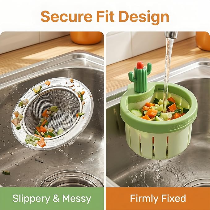 Cactus Kitchen Sink Drain Strainer, 2026 Upgrade Press to Dump Basket Waste Collector, Multifunctional Kitchen Sink Drain Strainer Fun Sink Accessory for Home Bathroom (Green 1 Pcs)