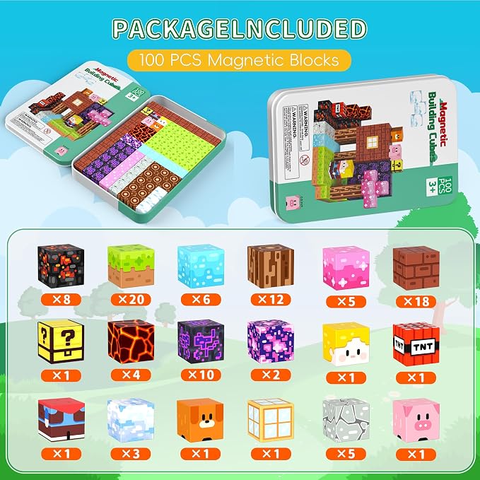100PCS Magnetic Blocks Magnet Building Cubes Birthday Gifts for Kids | 0.8in Magnetic Cubes, STEM Learning Magnet Toy, Building Toys for Kids Ages 3+, Christmas Party Gifts for Boys and Girls