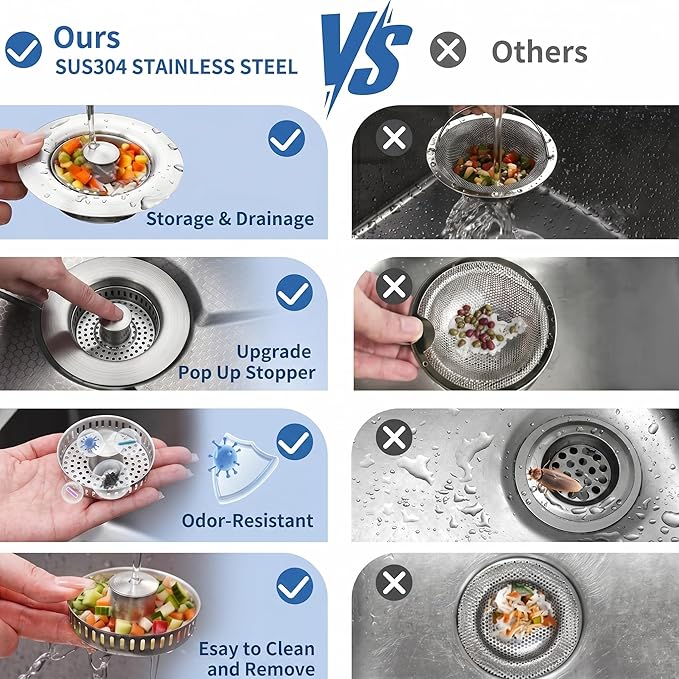 3 in 1 Kitchen Sink Drain Strainer & Pop Up Sink Stopper 2 Pack, Sink Strainer Anti-Clogging Kitchen Sink Basket, Odor-Free Water Catcher, Universal 3-1/2" Fit for US Standard Kitchens