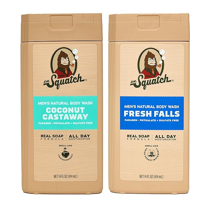 Dr. Squatch NEW Body Wash for Men with Nourishing, Natural Ingredients | No Paraben, Phthalate, Sulfate | All Day Moisture | Long Lasting Scent | Fresh Falls & Coconut Castaway (14 oz, 2-Pack)