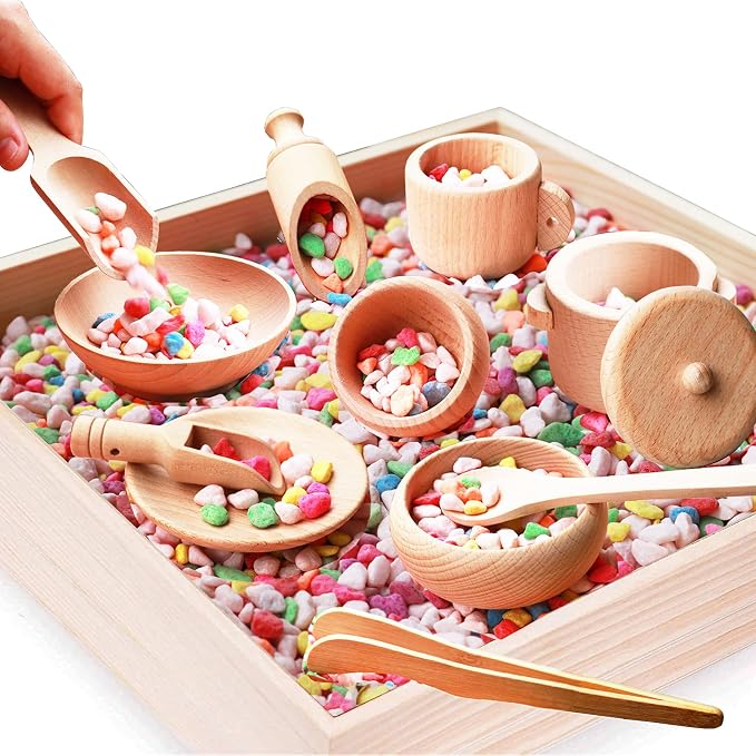 Montessori Sensory Bin Tools: 1 Wooden Box + 11 Sensory Tools for Toddlers & Preschool Children - Fine Motor Learning Pretend Play