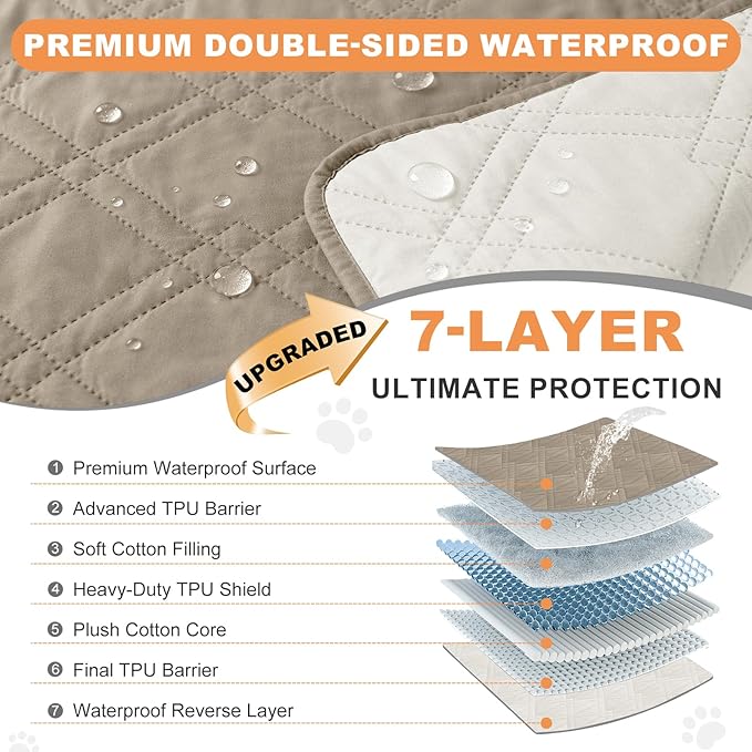 100% Waterproof Dog Couch Protector, Triple-Layer Waterproof Dog Bed Cover Pet Blanket Reversible 2-Tone Sofa Shield, Non-Slip Furniture Guard for Pets(35×71 Inch, Khaki+Off White)