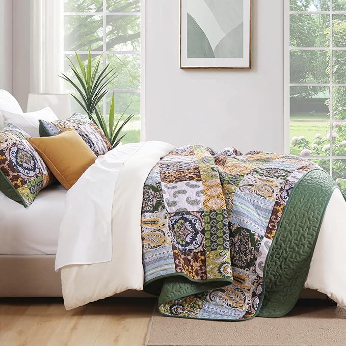 WONGS BEDDING Boho Quilt Set Queen Size, Plaid Patchwork Bedspread Bedding Set Soft Microfiber Quilt for Queen Bed Reversible 3 Pieces Coverlet Set for All Season (Brown Olive 96"x90")