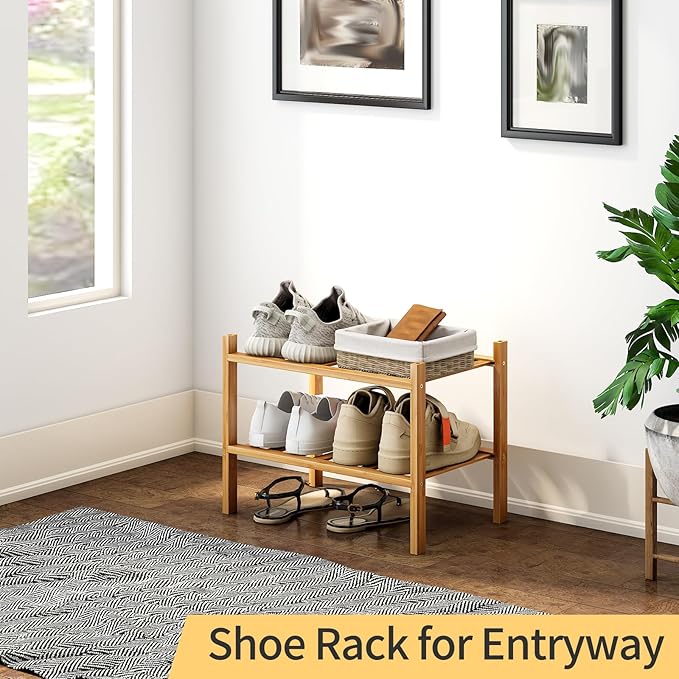 Small Shoe Rack, 2-Tier Bamboo Stackable Shoe Shelf Storage Organizer, Shoe Stand for Closet, Entryway and Hallway