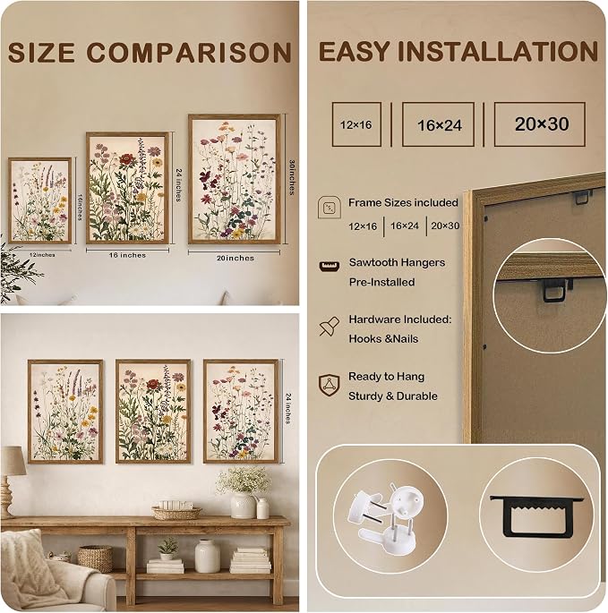 WRFON Botanical and Flower Canvas Wall Art, Framed Wildflower Wall Art Set of 3