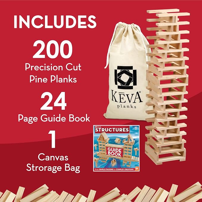 KEVA Structures 200 Wood Building Planks Set - Building Toy Includes 200 Wooden Blocks and Idea Book - Ages 5 and Up
