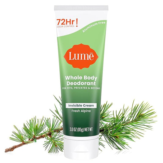 Lume Whole Body Deodorant - Invisible Cream Tube - 72 Hour Odor Control - Aluminum Free, Baking Soda Free, Skin Safe - 3.0 ounce (Fresh Alpine)