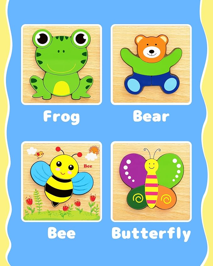 Bekayshad Wooden Puzzles for Toddlers 1-3, Montessori Toys for 1 2 Year Old | Toddler Puzzles, 1 2 Year Old Boy Girl Birthday Gifts, 4 Pack Animal Shape Jigsaw Puzzles, Learning Educational Preschool Toy
