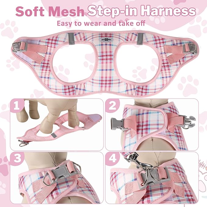Gyuzh Small Dog Harness and Leash Set for Puppy & Kitten - 3-in-1 No Pull Step in Vest Collar, Lightweight Reflective Plaid, Padded Handle (Pink, XS)