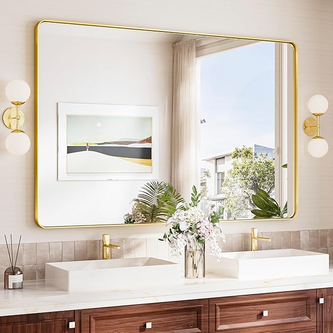 TokeShimi 55x36 Bathroom Mirror Gold,Aluminum Framed Bathroom Mirrors for Over Sink,Rectangle Vanity Mirror Bath,Shatterproof Tempered Glass Wall Mirror Modern(Horizontal/Vertical)
