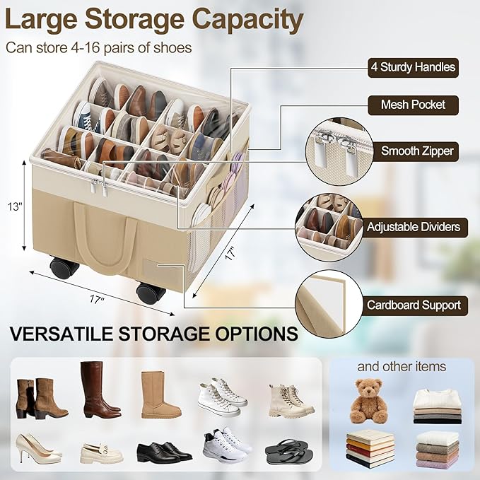 Large Shoe Organizer for Closet, Adjustable Dividers Shoe Storage Box Bins with Wheels Clear Cover Reinforced Handle Side Pocket Fits up to 16 Pairs, Foldable Shoe Organizer for Entryway Beige