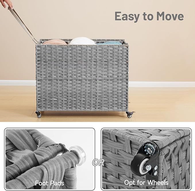 Laundry Hamper with Wheels, 52.8 Gallon(200L) Rolling Laundry Basket with Lid, Removable Large 3 Color Liners & 3 Mesh Laundry Bags, Clothes Hamper with Side Pocket, Grey
