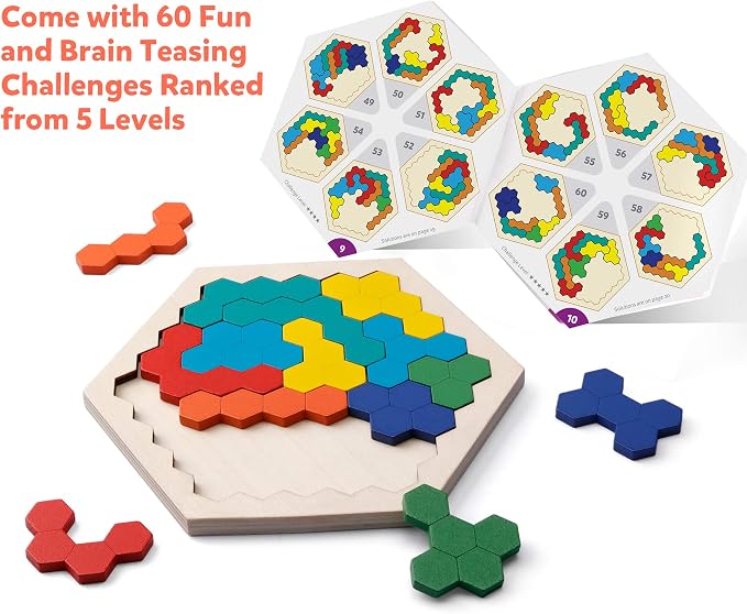 Coogam Wooden Hexagon Puzzle for Kid Adults - Shape Pattern Block Tangram Brain Teaser Toy Geometry Logic IQ Game STEM Montessori Educational Gift for All Ages Challenge