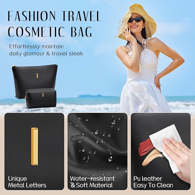 Valentine's Day Gifts for Women Girlfriend Initial Makeup Bag for Teen Girls Personalized Gifts for Friend Teacher Mom Wife Cosmetic Travel Toiletry Bag(Black,I)