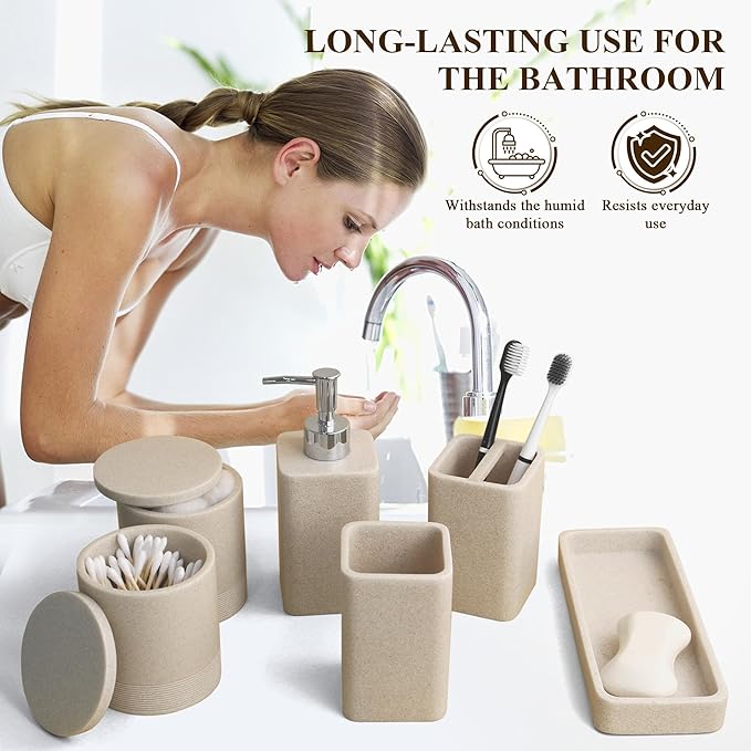 Bathroom Accessories Set, 6 Piece Bathroom Set with Toothbrush Holders, Soap Dispenser, Vanity Tray, Tumbler, Cotton Swab Jars, Bathroom Organizer，Bathroom Sink Sets, Stone Beige