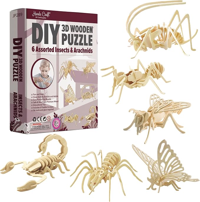 Hands Craft DIY 3D Wooden Puzzle – 6 Assorted Insects & Arachnids Bundle Pack Brain Teaser Puzzles Educational STEM Toy Adults and Kids to Build Safe and Non-Toxic Easy Punch Out Premium Wood JP2B9