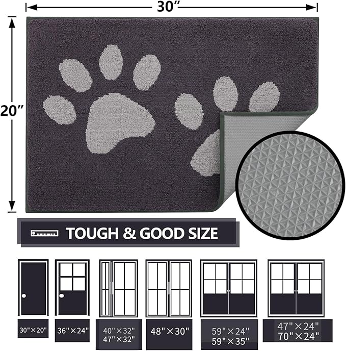 Buganda Dog Door Mat for Muddy Paws, Absorbent Dirt Trapper Washable Indoor Doormats, Non Slip Low-Profile Mud Mat for Dogs, Front Entrance Doormat for Inside Floor (47x24 Inches, Dark Grey)