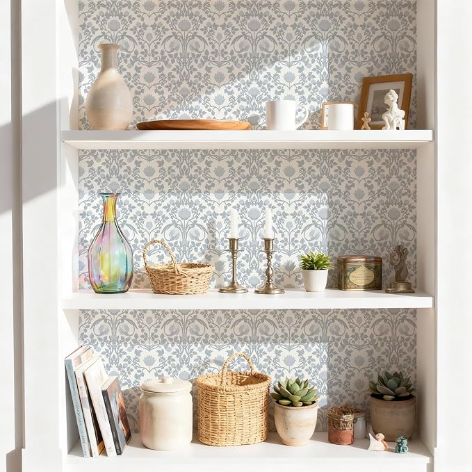 YXTII 17.3" × 393.7" Blue Floral Peel and Stick Wallpaper, Damask Vintage