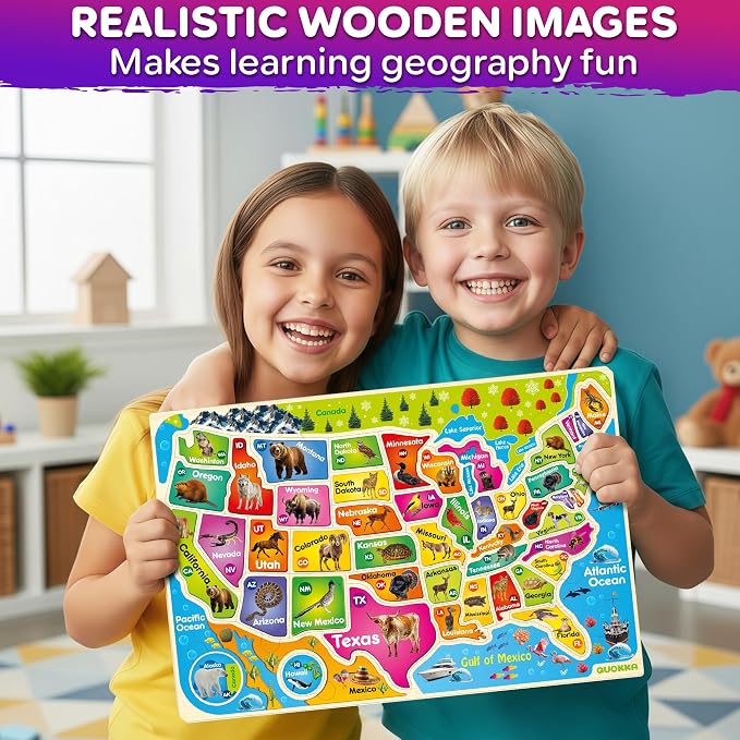 Wooden Puzzles for Kids Ages 4-6 - Toddler Puzzles Ages 3-5 USA & World Map | Montessori Wood Educational Puzzles for Toddlers 2-4 Years Old - Geography Learning Games for Kids 6-8