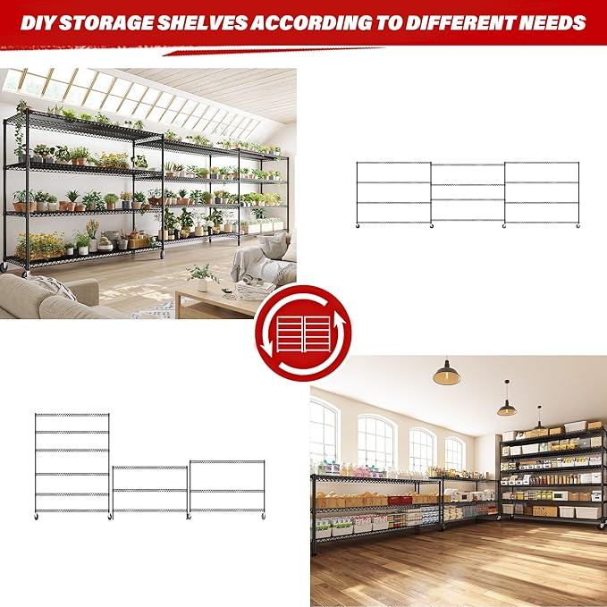 REIBII 60''W X 82.6" H Steel Heavy Duty Wire Shelving Unit with Wheels, 6-Tier Adjustable Storage Shelves 3598LBS Commercial Metal Shelves for Pantry, Garage, College Dorm Industrial Shelving, 2 Pack