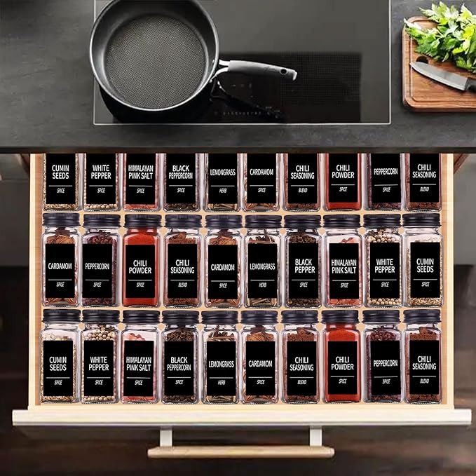 Churboro 25 Spice Jars with 547 Labels- Glass Spice Jars with Black Metal Caps, 4oz Empty Spice Containers with Shaker Lids, Funnel, Chalk Pen, Square Seasoning Bottles for Spice Rack, Drawer, Cabinet