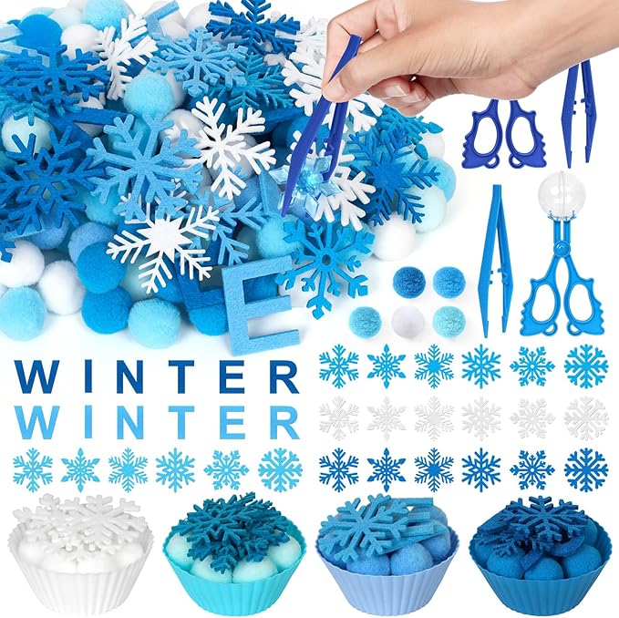 212 Pcs Winter Sensory Bin Items Hello Winter Snowflake Counting Sorting Sensory Bin Filler Fine Motor Toys Snowflake Counts Winter Xmas Counting Toys for Preschool Education Activities