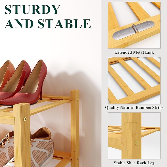 Smiry Bamboo Shoe Rack, 3 Tier Free Standing Wooden Shoe Organizer, Stackable Wood Shoe Storage Shelf for Closet, Entryway, 12 Vertical Slats, 2+1 Stack Standard Legs, 26.8"x11"x19.5", Natural