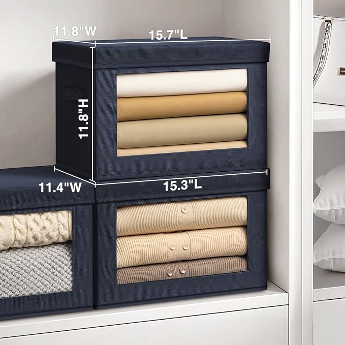 Stackable Storage Bins with Lids - Large Storage Box with Lids, Foldable Closet Boxes for Organizing, Wardrobe Clothes Organizer with Window, Cubes Bins for Living Room, 6 Pack, Navy Blue