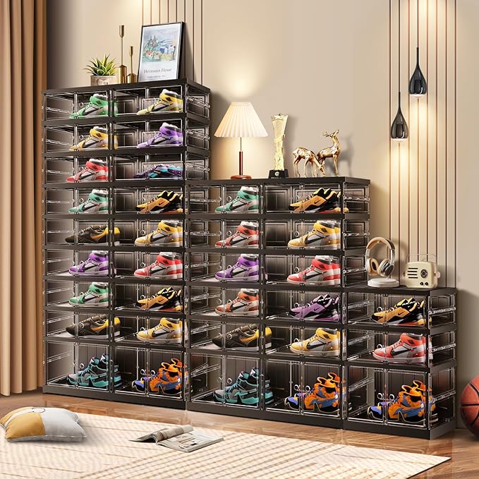 CIMLORD 9-Tier Foldable Shoe Rack for Closet Entryway 9-18Pairs,Stackable Clear Shoe Storage Boxes Organizer with Door Plastic Small Shoe Cabinet Bins with Lids Shoes Shelf Easy Assembly Black