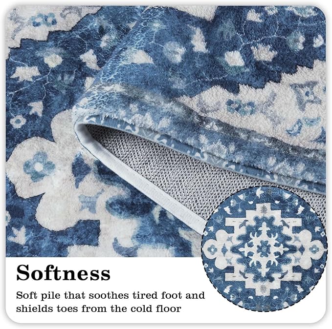 Uphome Boho Vintage Large Bathroom Rugs Blue Non-Slip Soft Hallway Runner Traditional Tribal Machine Washable Bedroom Rug Oriental Floral Aesthetic Floor Mat for Entryway Kitchen Laundry, 24x71 inch