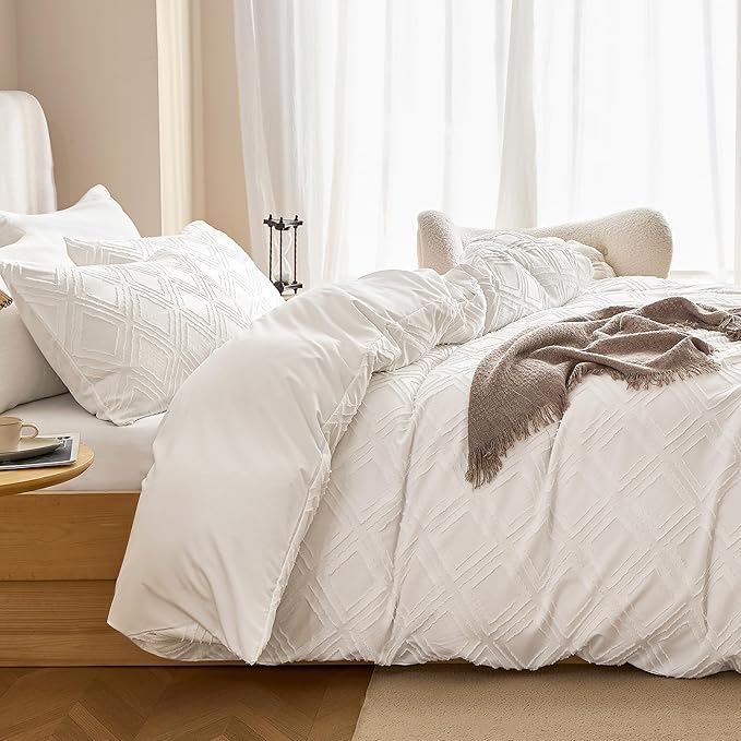 JELLYMONI Duvet Cover Super Queen Size White - 3PCS Boho Duvet Cover Set Plaid Polyester Tufted Bohemian Jacquard Knit Textured Comforter Cover 98×90in Rhombic Geometric Pattern Zipper Corner Tie