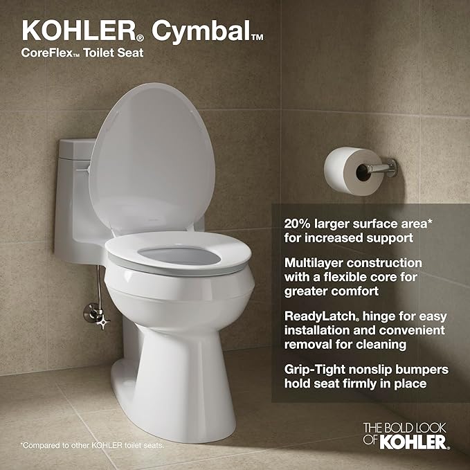 KOHLER 57777-WCF-0 Cymbal ReadyLatch Quiet-Close Soft Close Toilet Seat Elongated, Flexible CoreFlex Material, Wider Toilet Seat Surface, Home Essentials, White