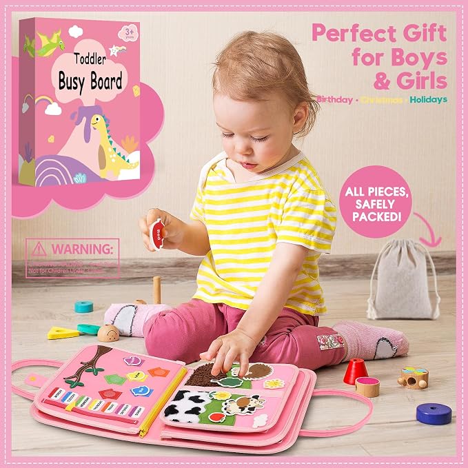 Toddler Sensory Busy Board: Travel Toy Activity Book for Girls Boys, Motor Skill Development Gift for Baby Aged 3-4 Years, Fine Educational Preschool Montessori Learning Toy for Car Airplane Unicorn