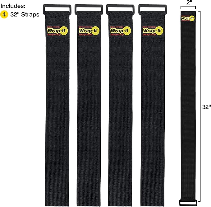 Super-Stretch Wrap-It Storage Straps, 32-in x 2-in (4-Pack) - Elastic Hook and Loop Cinch Straps - Pool Hose and Cable Straps, Garage and RV Storage Accessories