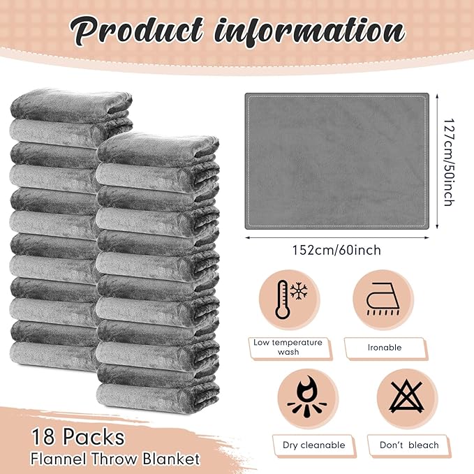 18 Pieces Fleece Blankets Bulk for Wedding 50 x 60 Inch Soft Lightweight Flannel Throw Blankets Bulk for Wedding Guests Home Outdoor Couch Sofa Bed Gifts(Dark Gray)