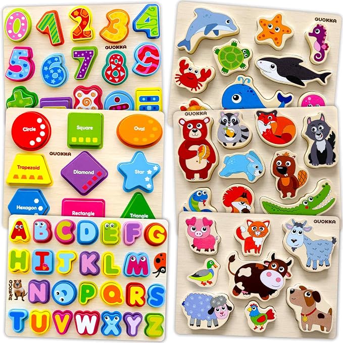 QUOKKA Wooden Puzzles for Toddlers 1-3 – 6XSET Chunky Toddler Puzzles Ages 2-4 – Learning Animals Numbers Alphabet Montessori Toy for Kids 3-5 – Wood Games Gift for Boys & Girls - FSC Certified Wood