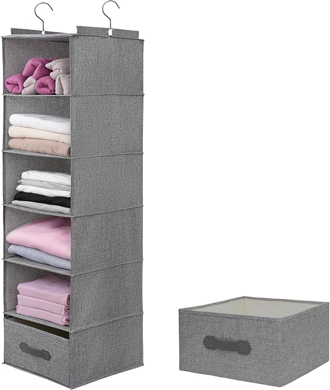 Large Hanging Sweater Organizer for Closet,Collapsible 6-Shelf Hanging Closet Shelves with Drawers, Washable (Grey-6 Shelf-1 d)
