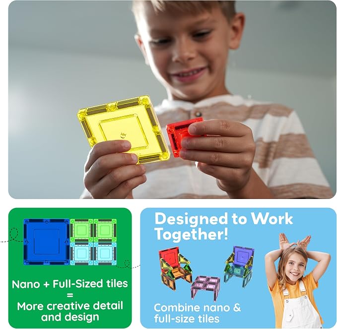 PicassoTiles 40 PCS Mini Magnetic Tiles Travel Toy Educational Building Set | BPA-free plastic construction, age 3+ STEM learning, hand-eye coordination, compact storage box, portable geometric blocks