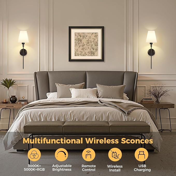 DORESshop Battery Operated Wall Sconce Set of 2, Wireless Wall Light Easy to