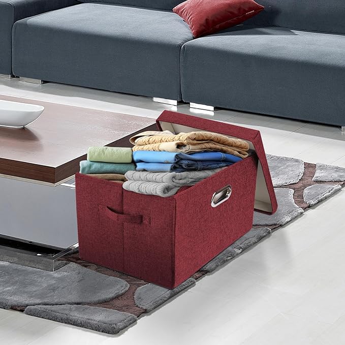 TYEERS Large Collapsible Storage Bins with Lids, Organization Bins for Closet Storage, Clothes Storage, Folding Storage Box with Lids for Home Office Storage - 3 Pack - Red Wine